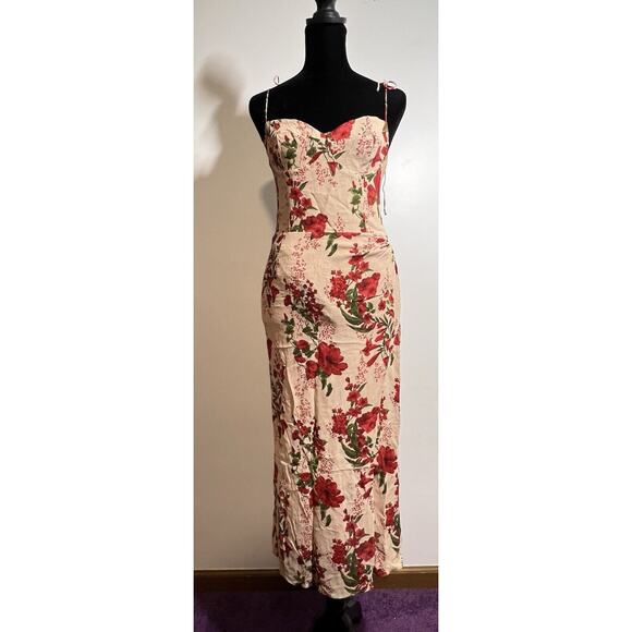 Reformation Kourtney Red Green Floral Woven Sleeveless Midi Dress Slit Size 8 - Picture 4 of 10
